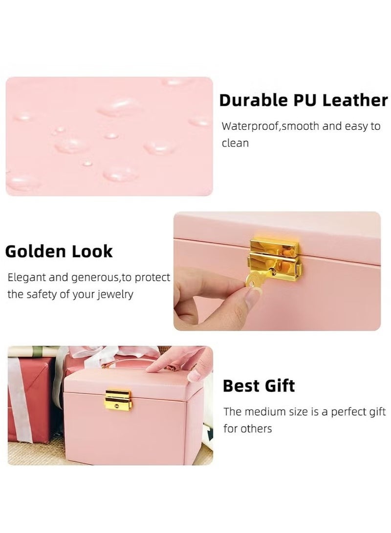 Beauenty Jewelry Organizer Box, PU Leather Jewelry Storage Box with Mirror and Lock, Portable Jewelry Case for Watch, Rings, Necklace, Bracelet, Earring(Pink) - Image 3