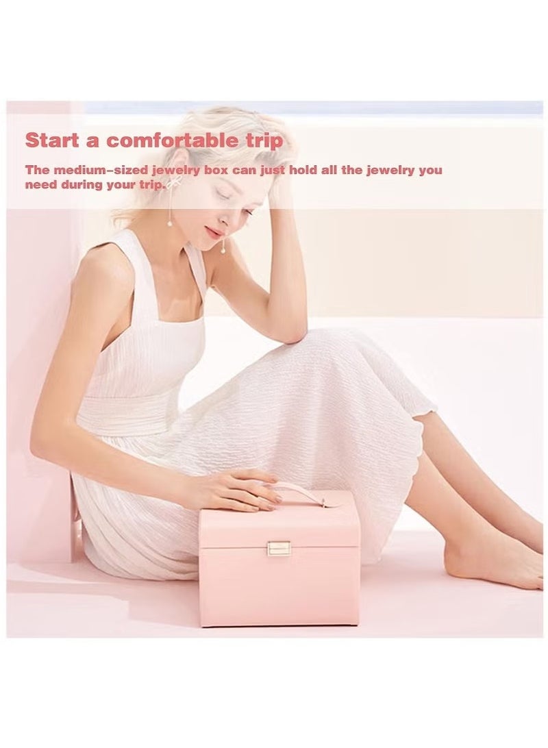Beauenty Jewelry Organizer Box, PU Leather Jewelry Storage Box with Mirror and Lock, Portable Jewelry Case for Watch, Rings, Necklace, Bracelet, Earring(Pink) - Image 2