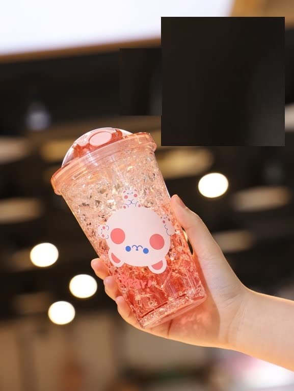 TEMSON Double Wall Cartoon Printed Sipper with Straw,Jelly Freezer Water Sipper for Kids, Acrylic Sipper Bottle with Straw - 450 ML (C - Pink)(BB 9017) - Image 1