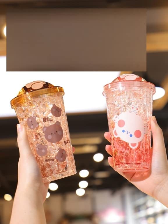 TEMSON Double Wall Cartoon Printed Sipper with Straw,Jelly Freezer Water Sipper for Kids, Acrylic Sipper Bottle with Straw - 450 ML (C - Pink)(BB 9017) - Image 5