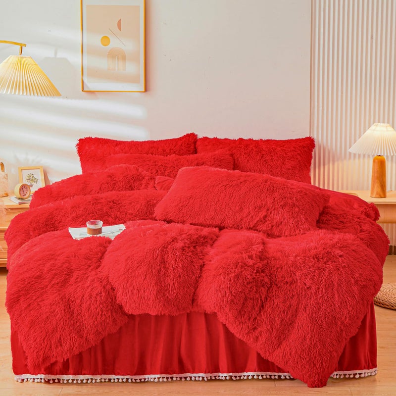 ERLOXO Fluffy red Faux Fur Comforter Cover Queen SetFluffy Fuzzy Plush red Bedding 3Pcs 1 Faux Fur Duvet Cover 2 Fuzzy Pillowcases Fluffy Bed Set