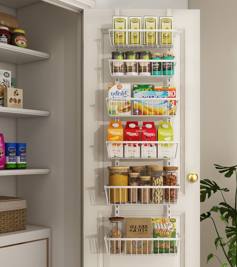 Mefirt 13.8" W Narrow Over The Door Pantry Organizer, Pantry Organization and Storage, 6-Tier Metal Hanging Deep Basket Wall Spice Rack Seasoning Shelves, Home & Kitchen Essentials, White - Image 1