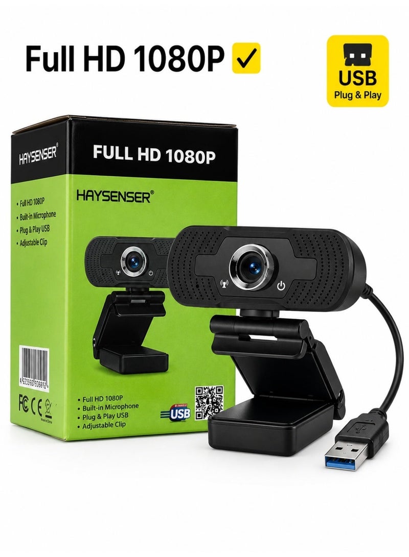 Haysenser Full HD 1080P USB Webcam With Built-In Microphone Clip Camera For Laptop & Desktop Plug And Play - Image 1