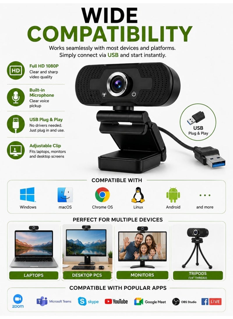Haysenser Full HD 1080P USB Webcam With Built-In Microphone Clip Camera For Laptop & Desktop Plug And Play - Image 5