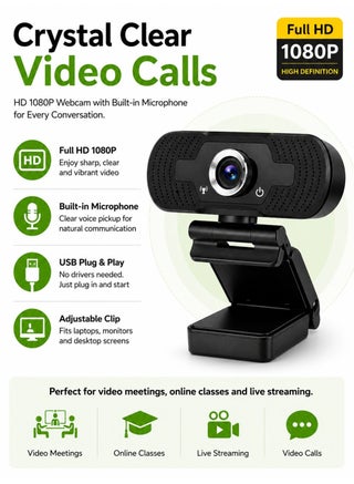 Full HD 1080P USB Webcam With Built-In Microphone Clip Camera For Laptop & Desktop Plug And Play - view 2