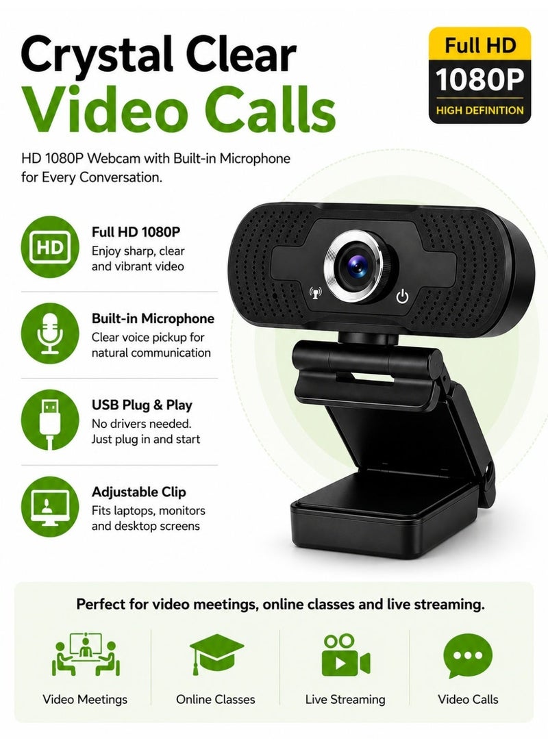 Haysenser Full HD 1080P USB Webcam With Built-In Microphone Clip Camera For Laptop & Desktop Plug And Play - Image 2
