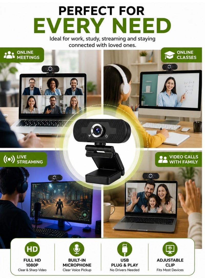 Haysenser Full HD 1080P USB Webcam With Built-In Microphone Clip Camera For Laptop & Desktop Plug And Play - Image 3