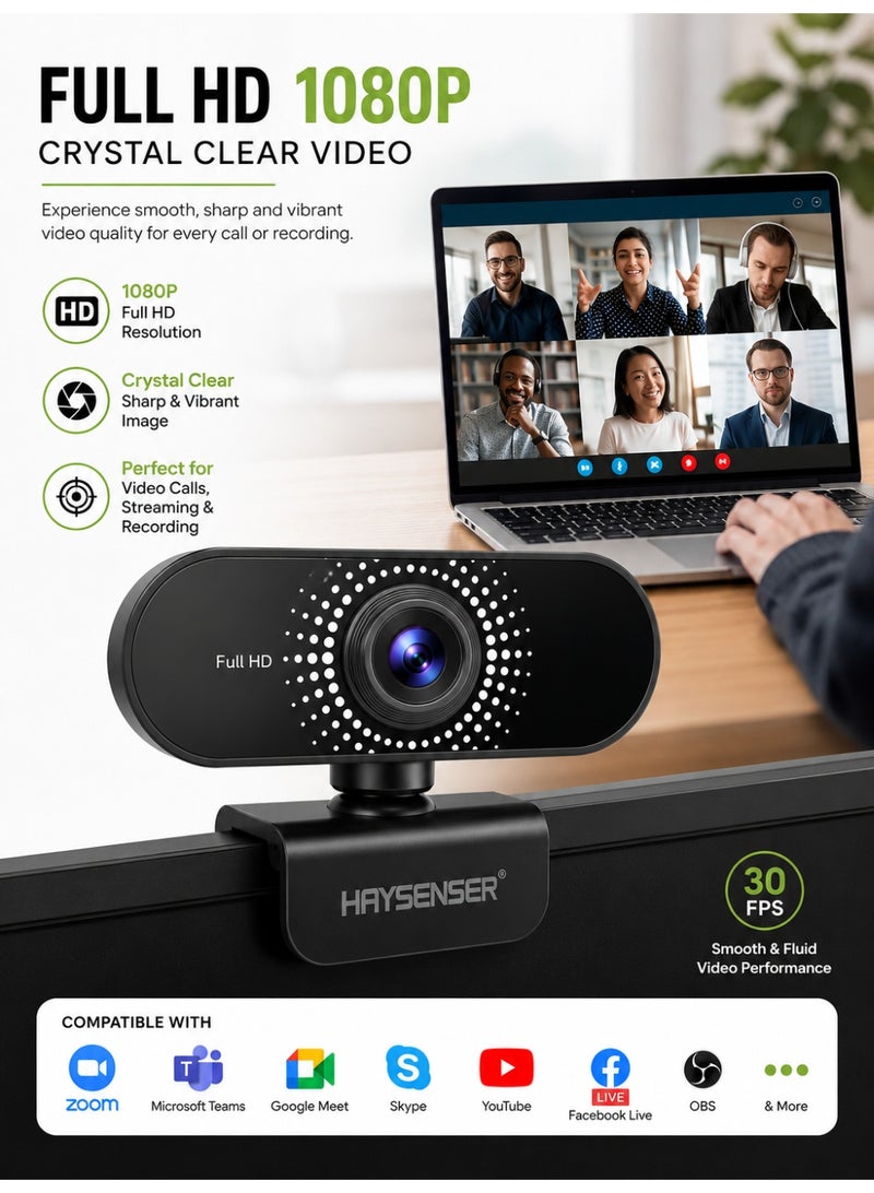 Haysenser Full HD 1080P USB Webcam With Built-In Microphone Clip Camera For Laptop & Desktop Plug And Play - Image 2