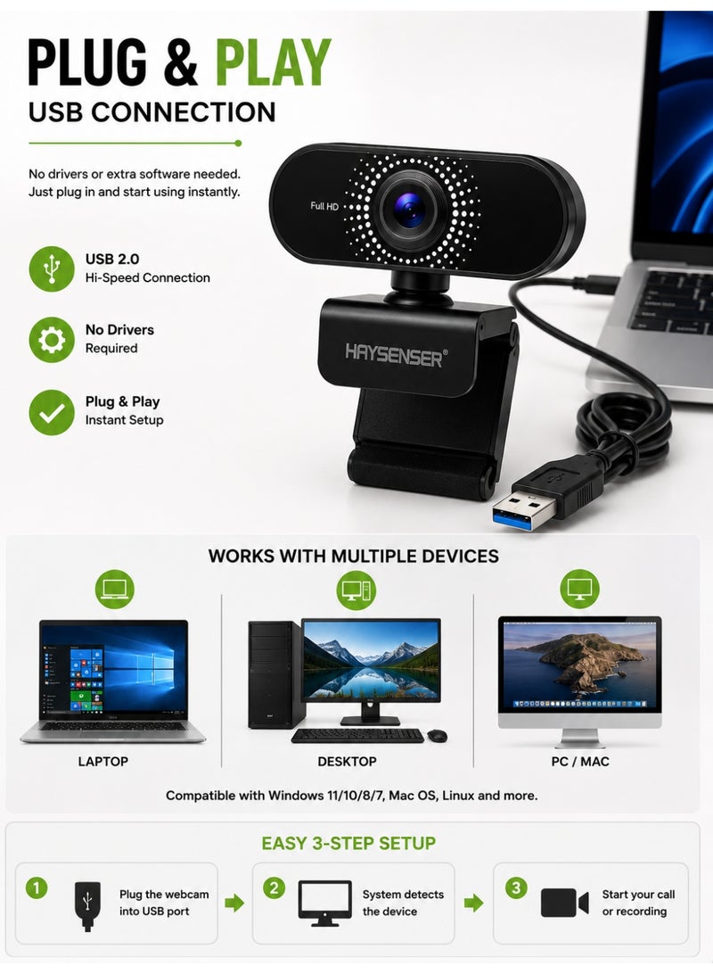 Haysenser Full HD 1080P USB Webcam With Built-In Microphone Clip Camera For Laptop & Desktop Plug And Play - Image 4