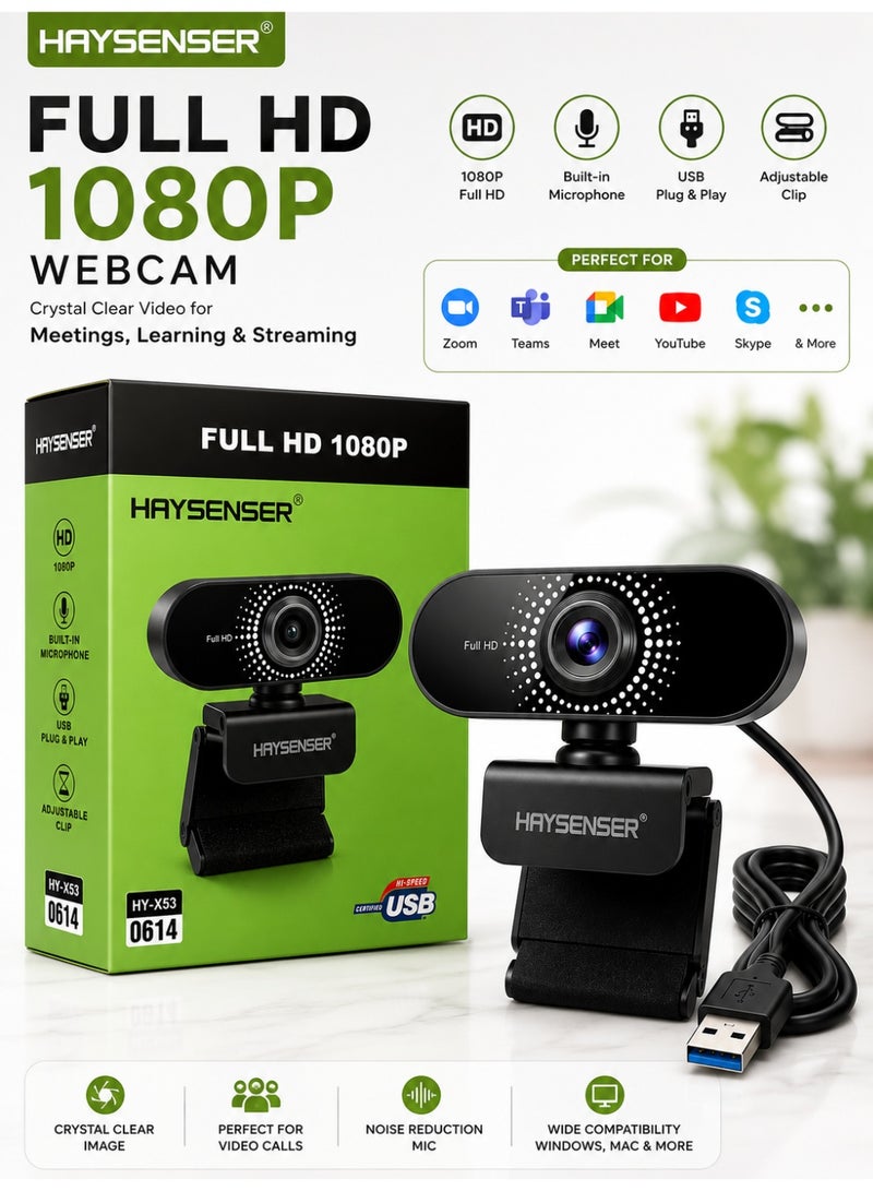 Haysenser Full HD 1080P USB Webcam With Built-In Microphone Clip Camera For Laptop & Desktop Plug And Play - Image 1