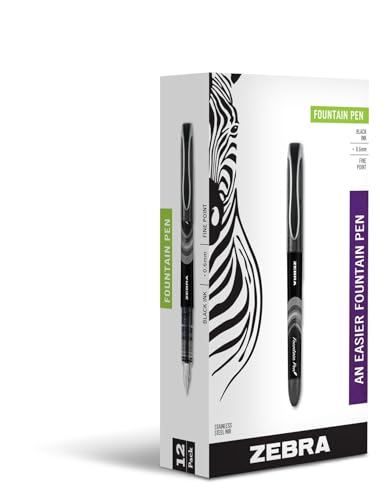 Zebra Pen Fountain Pen 06mm Fine Point Stainless Steel Nib Preloaded Black Ink Smooth Ink Flow Classic Black Barrels No Cartridge Needed 12Pack 48310 - Image 1