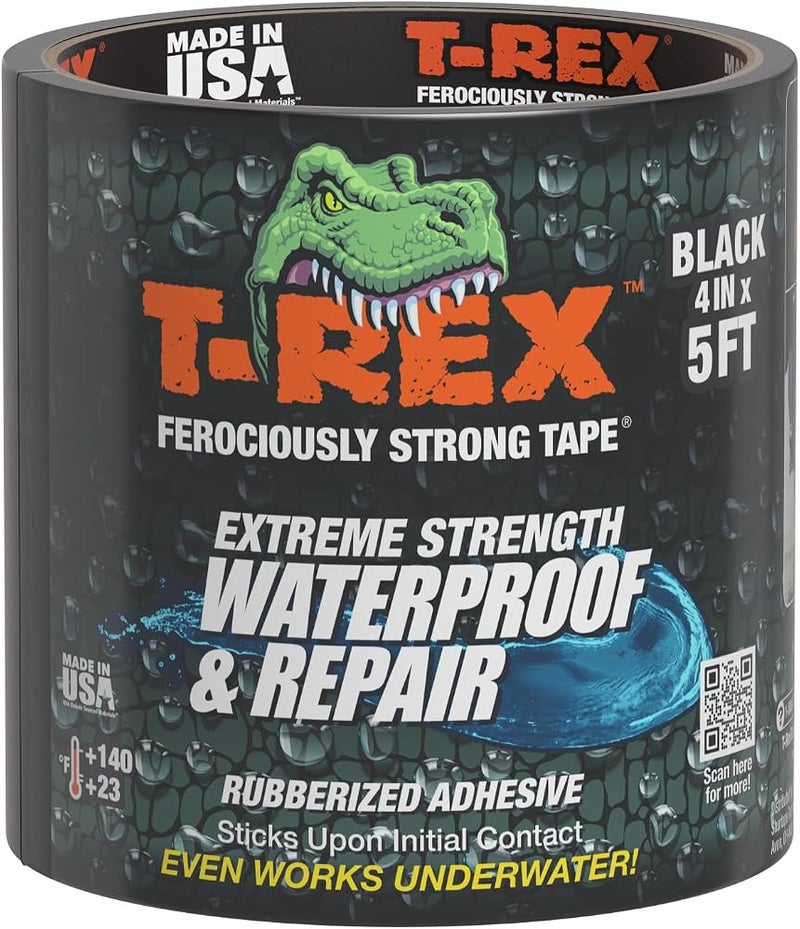 تي-ريكس شريط T-REX مقاوم للماء، يناسب الأسطح الرطبة أو الخشنة أو المتسخة، بما في ذلك تحت الماء، لإصلاح التسربات وأنابيب المياه، طول 4 أقدام × 5 أقدام، لون أسود، عبوة واحدة (رقم المنتج: 285987) - Image 1