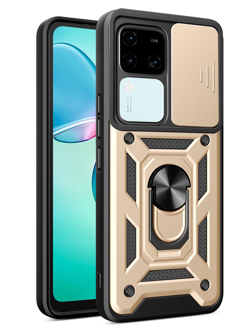 Case Cover Shockproof Windows Protective Case with Camera Protection and Metal Ring Compatible with Vivo V30 (Gold)