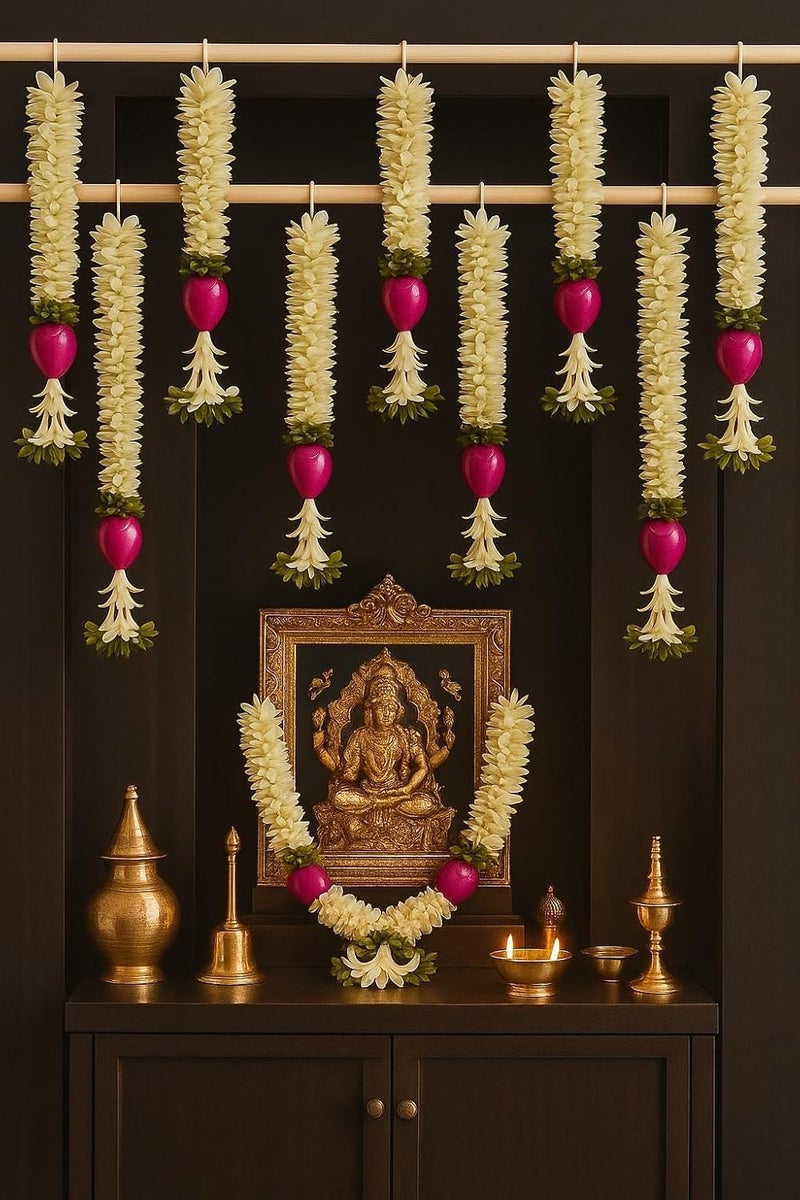 Abhaas Handmade Artificial Jasmine Gajra toran Marigold Garland Rajnigandha Tassels with Bells Traditional Decor for Diwali/Wedding/Festivals (27 Inch Gajra + Rajnigandha) (Set of 10) - Image 5
