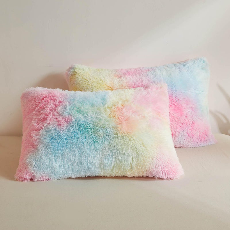 XeGe Rainbow Faux Fur Fluffy Throw Pillow Cases Plush Shaggy Soft Furry Pillowcases Tie Dye Velvet Fuzzy Decorative Pillow Covers for Bed Couch Teen Girl Zipper Closure Set of 2Standard Rainbow