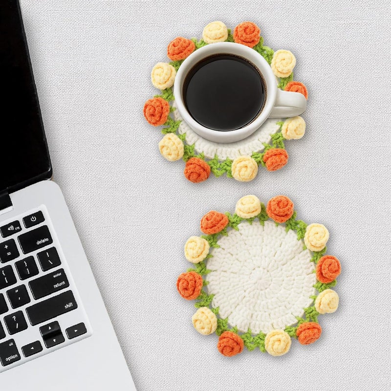 Vane Oak Flower Crochet Coasters, Handmade Bouquet Blanket Coaster with Crochet Plant Pot Fun Soft Decorative Drink Coasters for Coffee Table Tabletop Protection and Home Decor - Image 5