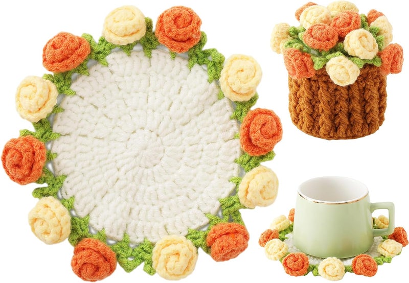Vane Oak Flower Crochet Coasters, Handmade Bouquet Blanket Coaster with Crochet Plant Pot Fun Soft Decorative Drink Coasters for Coffee Table Tabletop Protection and Home Decor - Image 1