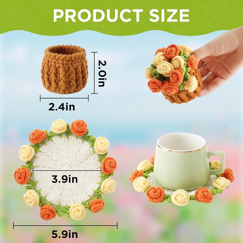 Vane Oak Flower Crochet Coasters, Handmade Bouquet Blanket Coaster with Crochet Plant Pot Fun Soft Decorative Drink Coasters for Coffee Table Tabletop Protection and Home Decor - Image 2