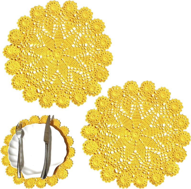 BIBITIME 2PCS Lace Placemats 98 in to 118 in Kitchen Dinner Table Doilies Dishes Bowl Knife Fork Mats Handmade Crochet Knitted Yellow - Image 2