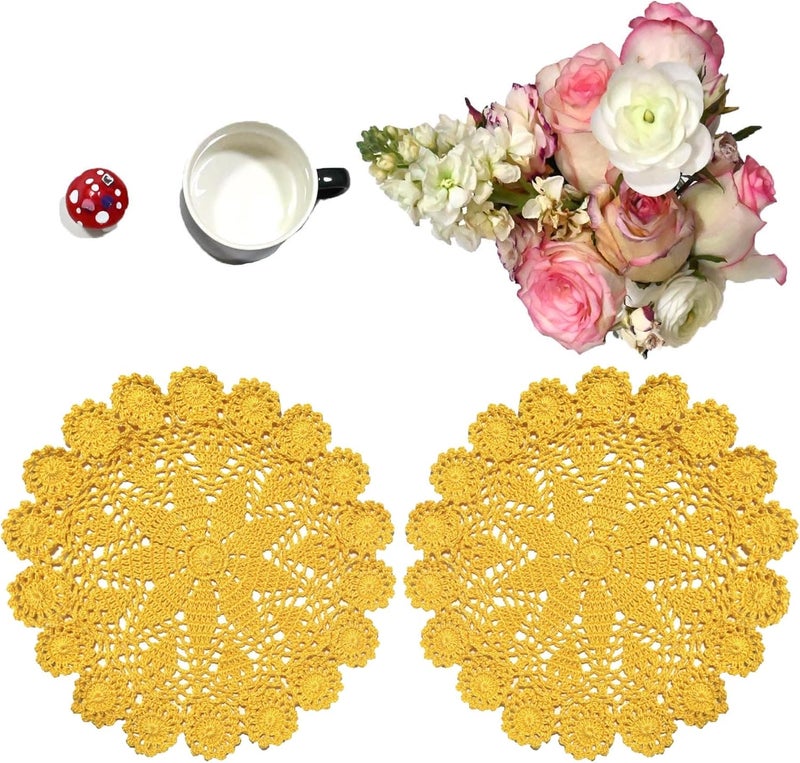 BIBITIME 2PCS Lace Placemats 98 in to 118 in Kitchen Dinner Table Doilies Dishes Bowl Knife Fork Mats Handmade Crochet Knitted Yellow - Image 1