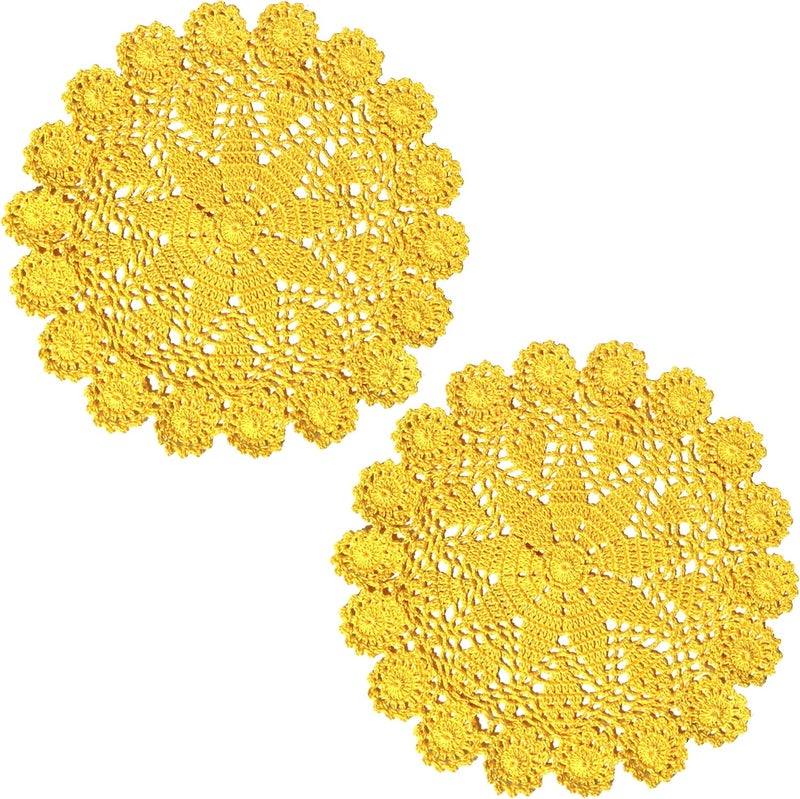BIBITIME 2PCS Lace Placemats 98 in to 118 in Kitchen Dinner Table Doilies Dishes Bowl Knife Fork Mats Handmade Crochet Knitted Yellow - Image 3