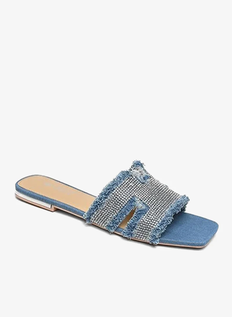 كابلي صنادل سلايد مسطحة من الدنيم سهلة الارتداء