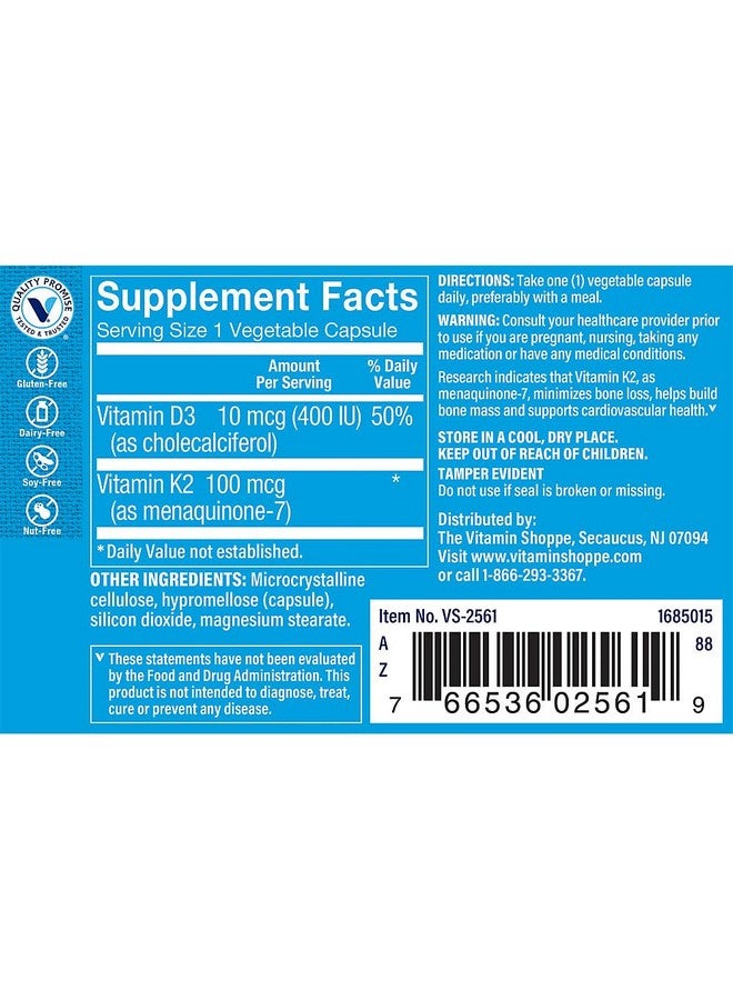 The Vitamin Shoppe Vitamin K2-100 MCG (60 Vegetarian Capsules) - Image 3
