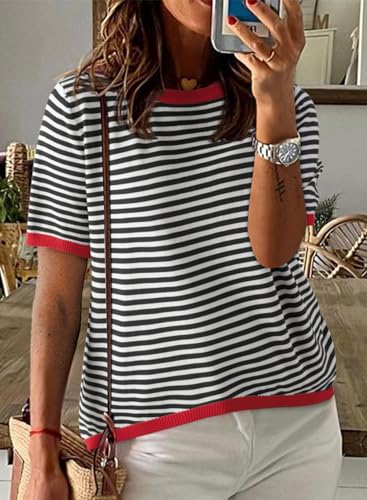 Dokotoo Womens Tops Short Sleeve Casual Summer Tops for Women 2025 Trendy Striped Knitted Crewneck Color Block T Shirts Lightweight Spring Pullover Sweaters Black Medium - Image 2