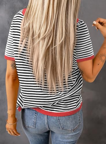 Dokotoo Womens Tops Short Sleeve Casual Summer Tops for Women 2025 Trendy Striped Knitted Crewneck Color Block T Shirts Lightweight Spring Pullover Sweaters Black Medium - Image 3