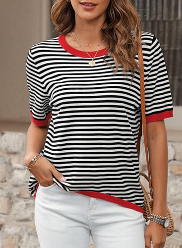 Dokotoo Womens Tops Short Sleeve Casual Summer Tops for Women 2025 Trendy Striped Knitted Crewneck Color Block T Shirts Lightweight Spring Pullover Sweaters Black Medium - Image 4