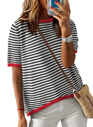 Dokotoo Womens Tops Short Sleeve Casual Summer Tops for Women 2025 Trendy Striped Knitted Crewneck Color Block T Shirts Lightweight Spring Pullover Sweaters Black Medium - Image 1
