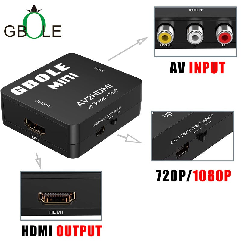 GBOLE RCA to HDMI AV to HDMI Converter 1080P Mini RCA Composite CVBS AV to HDMI Video Audio Converter Adapter Supporting PAL NTSC with USB Charge Cable for PC Laptop Xbox PS4 PS3 VHS VCR DVD TV STB - Image 2