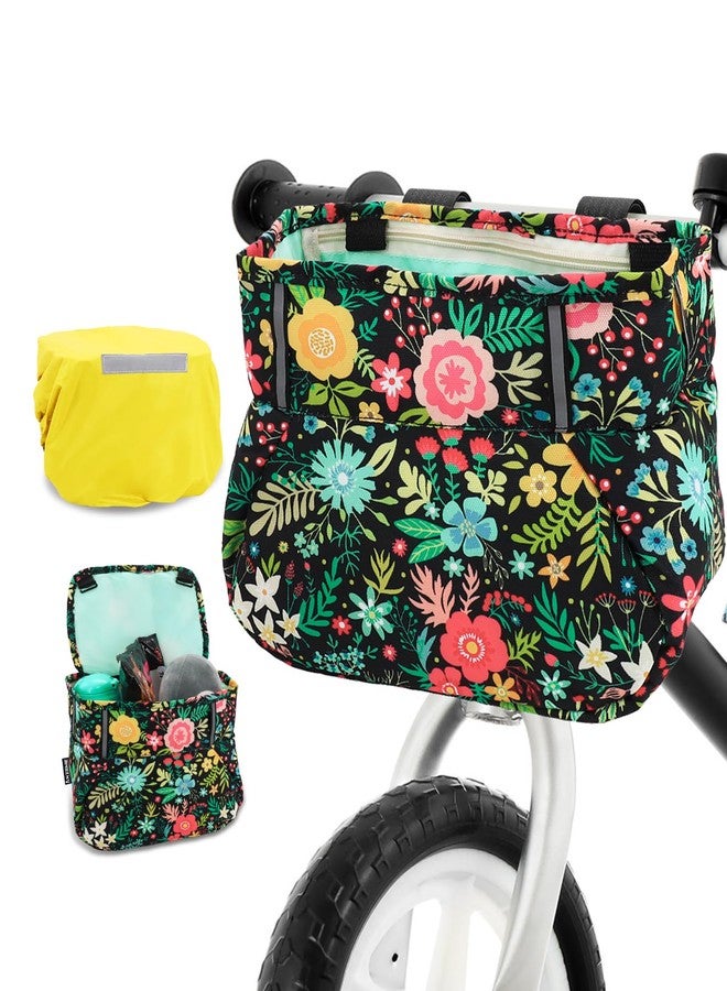 ANZOME Kids Bike Basket, Black Floral Bicycle Handlebar Bag with Waterproof Cover, Durable Nylon Front Basket for Boys and Girls, Easy Install, Large Storage Space, Gift for Holidays - Image 1