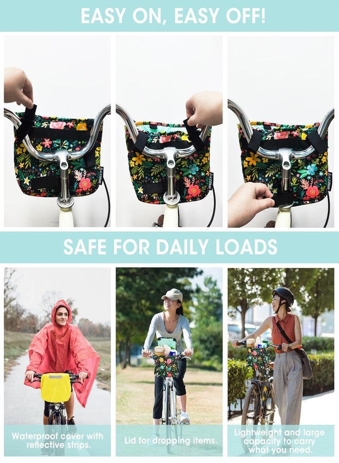 ANZOME Kids Bike Basket, Black Floral Bicycle Handlebar Bag with Waterproof Cover, Durable Nylon Front Basket for Boys and Girls, Easy Install, Large Storage Space, Gift for Holidays - Image 4