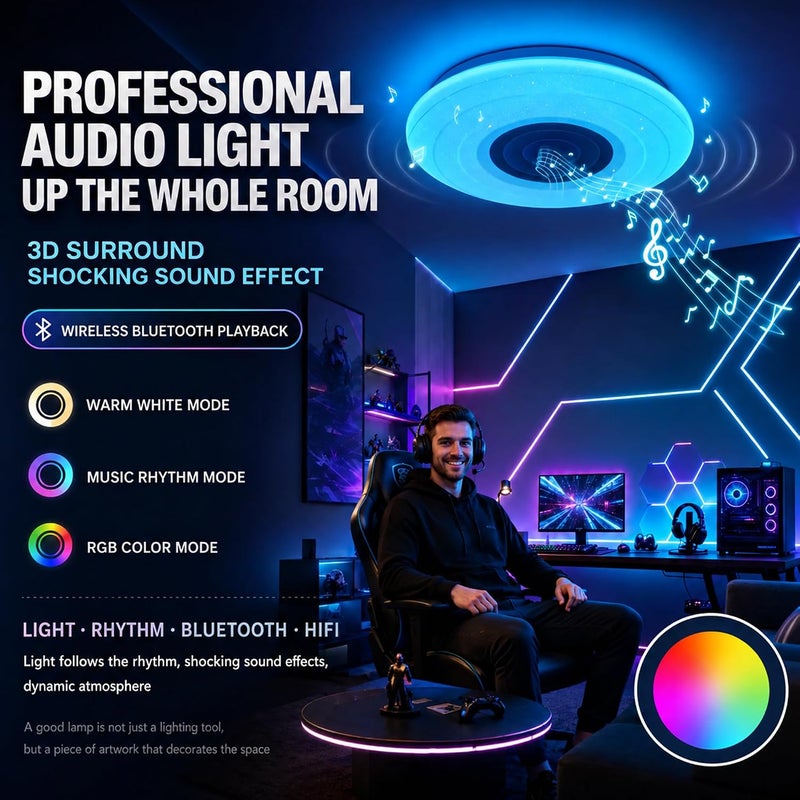 رايتشر ضوء سقفي ذكي للموسيقى بتقنية RGB، مزود بمكبر صوت Bluetooth، قوة 36 واط، سطوع 3600 لومن، حجم 16 بوصة، يدعم التحكم عبر تطبيق مخصص وجهاز تحكم عن بعد، يمكن تعديل سطوعه، مناسب لغرف النوم والصالون وغرف الألعاب. - Image 2