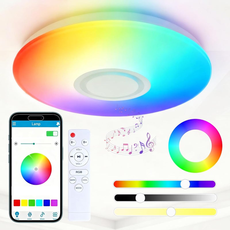 رايتشر ضوء سقفي ذكي للموسيقى بتقنية RGB، مزود بمكبر صوت Bluetooth، قوة 36 واط، سطوع 3600 لومن، حجم 16 بوصة، يدعم التحكم عبر تطبيق مخصص وجهاز تحكم عن بعد، يمكن تعديل سطوعه، مناسب لغرف النوم والصالون وغرف الألعاب. - Image 1