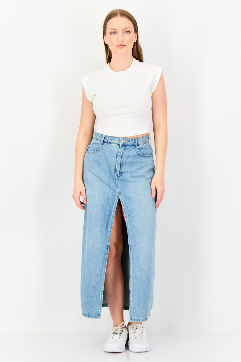 VERO MODA تنورة جينز طويلة مغسولة للنساء، زرقاء - Image 4