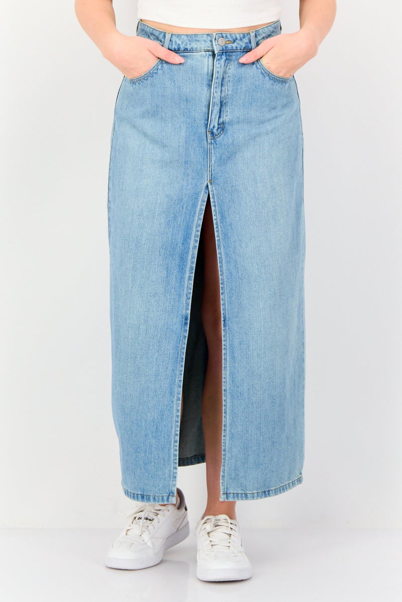 VERO MODA تنورة جينز طويلة مغسولة للنساء، زرقاء - Image 1