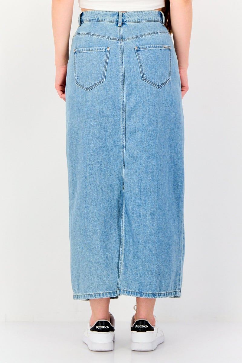 VERO MODA تنورة جينز طويلة مغسولة للنساء، زرقاء - Image 3