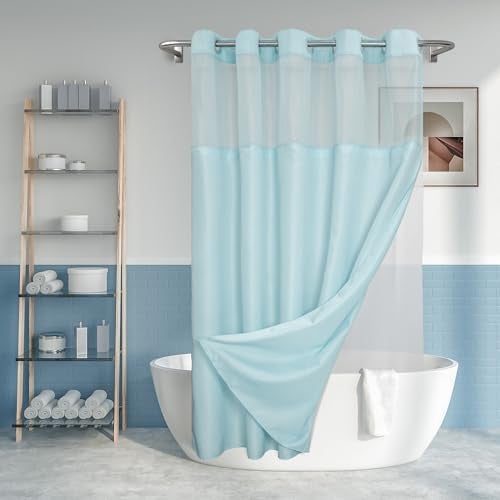 River Dream No Hook Slub Textured Shower Curtain with Snap-in PEVA Liner Set - 71" x 74"(72"), Hotel Style with See Through Top Window, Machine Washable & Water Repellent, Blue, 71x74 - Image 1