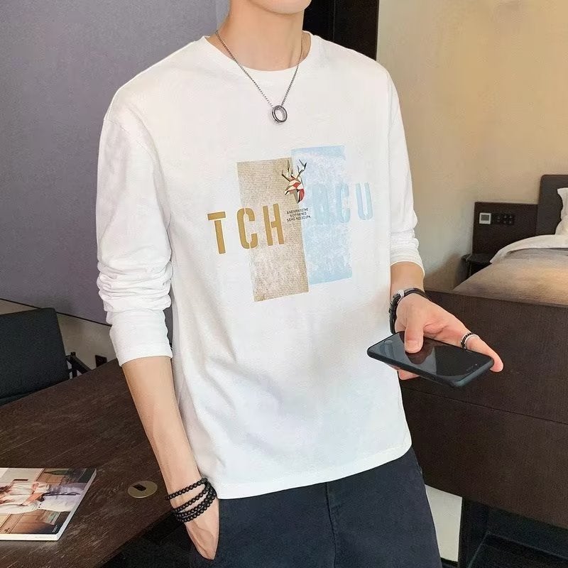 Round Neck Loose Long-Sleeved T-Shirt Men'S Trbottomyy Versatile Color-Blocked Printed Bottoming Shirt 2022 Autum New Top - Image 3