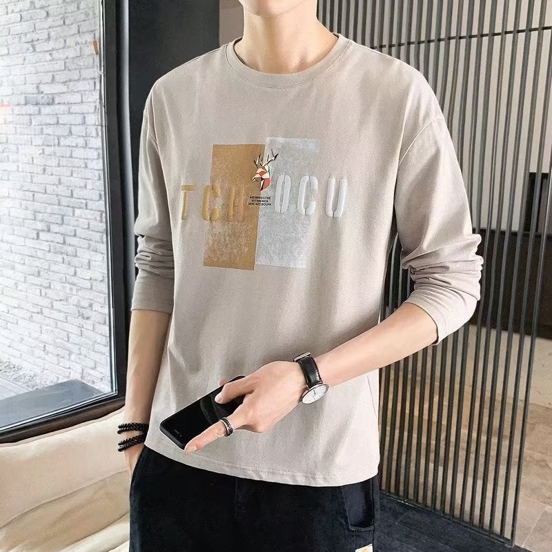 Round Neck Loose Long-Sleeved T-Shirt Men'S Trbottomyy Versatile Color-Blocked Printed Bottoming Shirt 2022 Autum New Top - Image 1