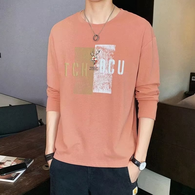 Round Neck Loose Long-Sleeved T-Shirt Men'S Trbottomyy Versatile Color-Blocked Printed Bottoming Shirt 2022 Autum New Top - Image 4