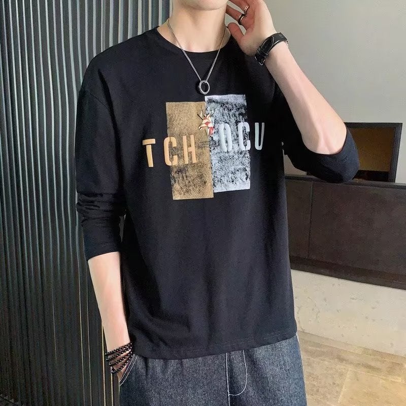 Round Neck Loose Long-Sleeved T-Shirt Men'S Trbottomyy Versatile Color-Blocked Printed Bottoming Shirt 2022 Autum New Top - Image 5