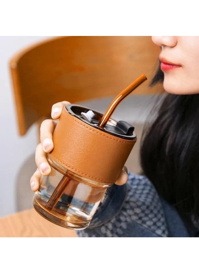 PURCHASE PLUSE PURCHASE PLUSE 400ml Glass Tumbler with Silicone Straw Lid Reusable Coffee Mug with Leather Sleeve for Hot Cold Beverages Dual Use for Straw Direct Drinking Pack of 1  - Image 2