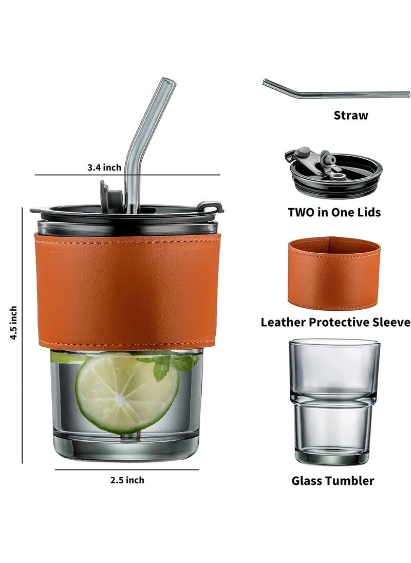 PURCHASE PLUSE PURCHASE PLUSE 400ml Glass Tumbler with Silicone Straw Lid Reusable Coffee Mug with Leather Sleeve for Hot Cold Beverages Dual Use for Straw Direct Drinking Pack of 1  - Image 5