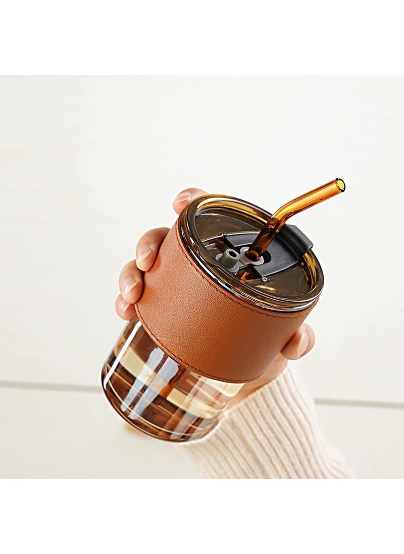PURCHASE PLUSE PURCHASE PLUSE 400ml Glass Tumbler with Silicone Straw Lid Reusable Coffee Mug with Leather Sleeve for Hot Cold Beverages Dual Use for Straw Direct Drinking Pack of 1  - Image 3