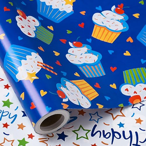 RUSPEPA Reversible Birthday Wrapping Paper Roll Mini Roll Blue Cupcake Design and Colorful Happy Text with Stars Colorful Adorable Gift Wrap for Boys Girls Birthday Party 17 Inches x 164 Feet - Image 3