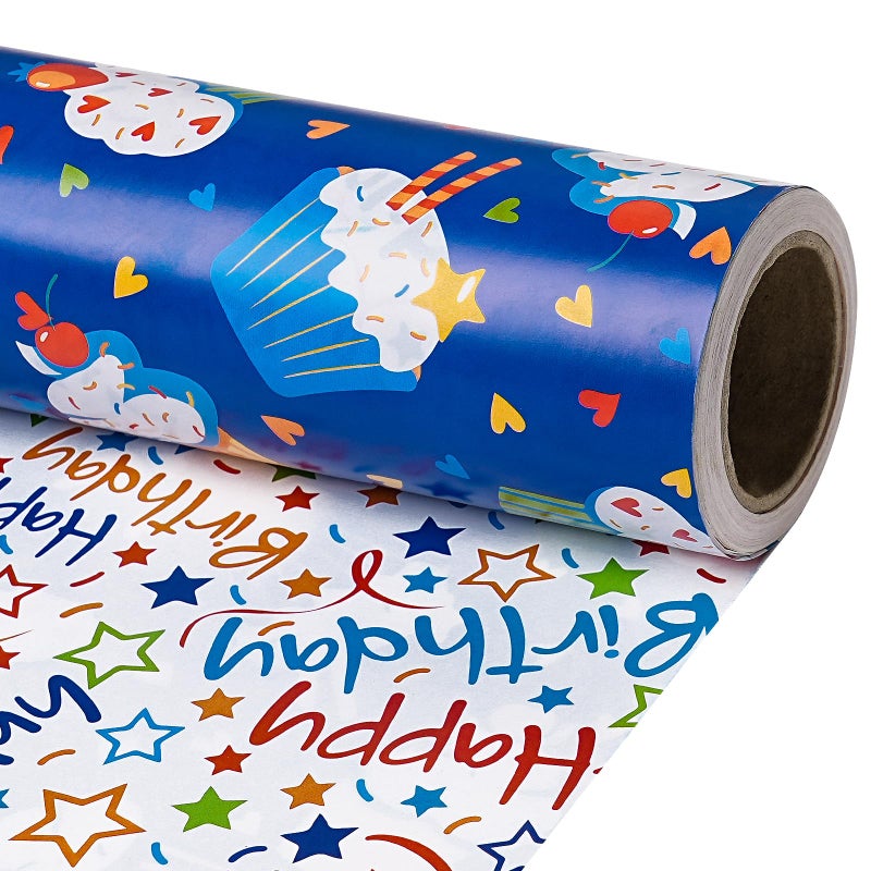 RUSPEPA Reversible Birthday Wrapping Paper Roll Mini Roll Blue Cupcake Design and Colorful Happy Text with Stars Colorful Adorable Gift Wrap for Boys Girls Birthday Party 17 Inches x 164 Feet - Image 2
