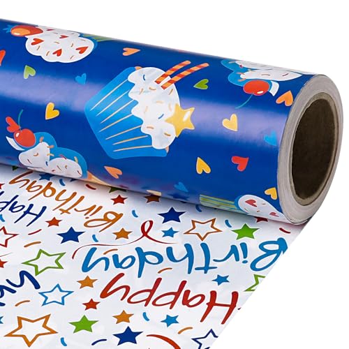 RUSPEPA Reversible Birthday Wrapping Paper Roll Mini Roll Blue Cupcake Design and Colorful Happy Text with Stars Colorful Adorable Gift Wrap for Boys Girls Birthday Party 17 Inches x 164 Feet - Image 1